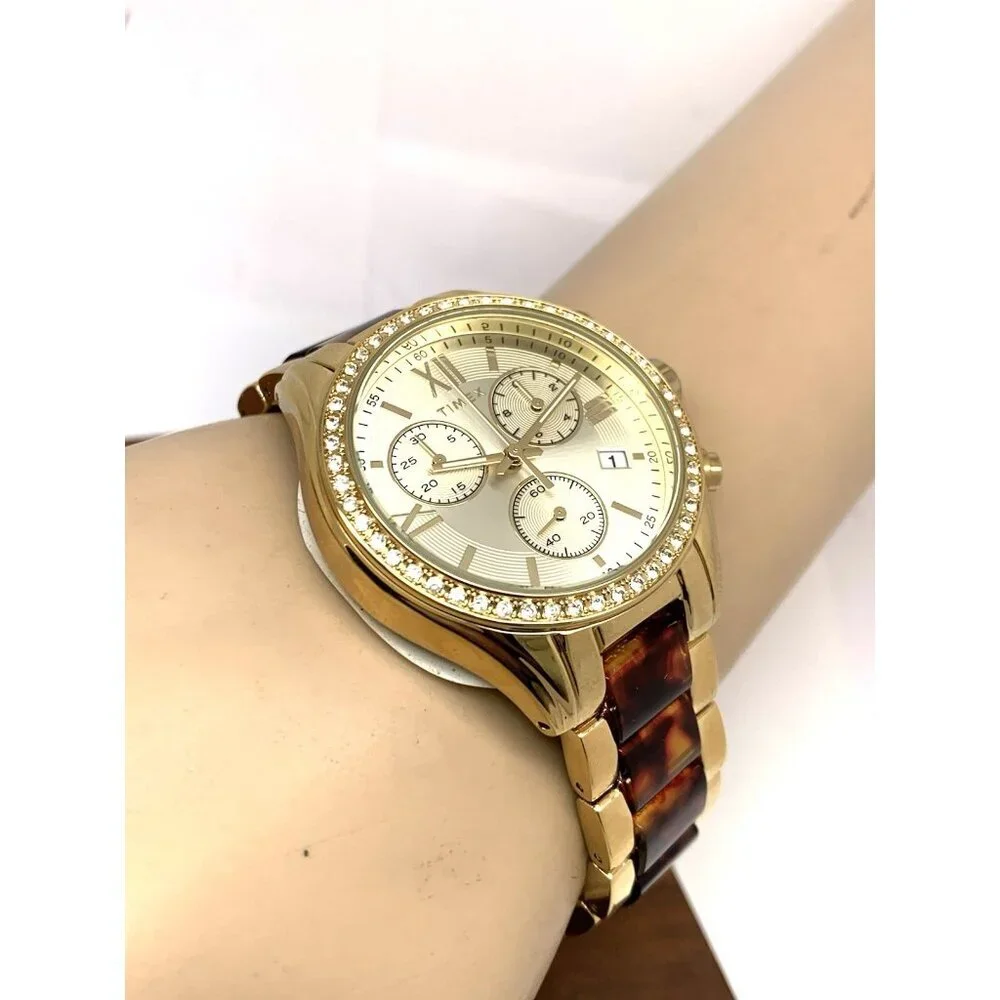 Timex Women's Watch TW2V74800 Quartz Chronograph Gold Tortoise Gemmed 38mm